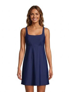 Lands End Tummy Control UPF 50 Squareneck One Piece Swim Dress Sz 8 Blue Modest